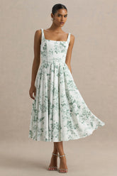 Lissa | Green Porcelain Print Square-Neck Midi Dress