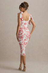 Cordelia | Pink Porcelain Print Bodycon Midi Dress With Bow Straps