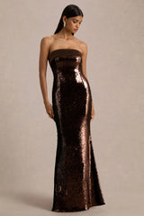 Leona | Brown Sequin Bandeau Maxi Dress With Satin Trim