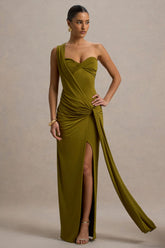 Erminia | Olive Green One-Shoulder Twist Wrap Maxi Dress