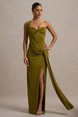 Erminia | Olive Green One-Shoulder Twist Wrap Maxi Dress