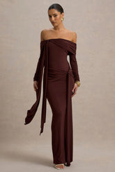 Jovie | Brown Bardot Wrap Maxi Dress With Sash Detail