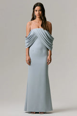 Serene | Powder Blue Draped Bardot Maxi Dress