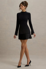 Athena | Black Long-Sleeve Mini Dress With Pleated Hem