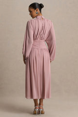 Annabel | Dusty Pink High-Neck Midi Dress With Drop-Waist And Pleated Detailing