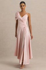 Julieta | Baby Pink Asymmetric-Neck Maxi Dress With Bow Detail And Open-Back