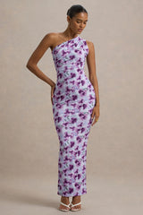 Venetia | Purple Floral Print One-Shoulder Tie-Back Maxi Dress