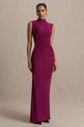 Solene | Burgundy High-Neck Maxi Dress With Wrap And Drape Detail