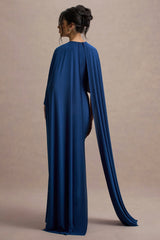 Padma | Blue Draped Maxi Dress With Cape Sleeves