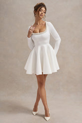 Wilder | White Embellished Square-Neck Long-Sleeve Skater Mini Dress