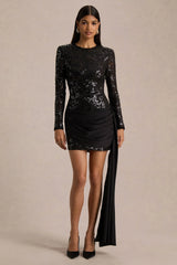 Florecita | Black Embellished Lace Crew-Neck Mini Dress With Sash Detail