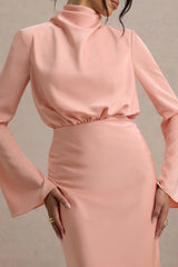Celina | Light Pink Satin High-Neck Maxi Dress