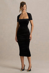 Chrissy | Black Velvet Square-Neck Midi Dress With Mesh-Sleeves And Ruched Detailing