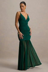Pasqualina | Bottle Green Ruched Plunge-Neck Maxi Dress