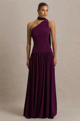 Freesia | Plum Asymmetric-Neck Maxi Dress With Scarf-Detail