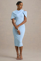 Dorothea | Blue Draped Midi Dress With Cape