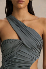 Serefine | Grey Asymmetric-Neck Maxi Dress With Body Cut-Out