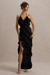 Full On | Black V-Neck Ruffle Maxi Dress