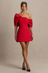 Tindra | Red Bandeau-Neck Mini Dress With Bow Sleeves
