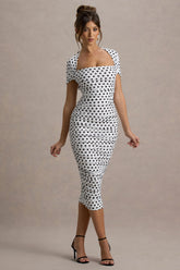 Paxos | White Polka Dot Ruched Short-Sleeve Midi Dress