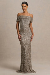 Melina | Champagne Sequin Bardot-Neck Maxi Dress