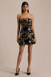 Valeri | Black Velvet Bandeau Mini Dress With Bronze Floral Sequin Embellishment