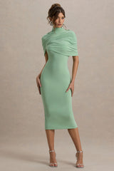 Cecille | Light Green Midi Dress With Cape Sleeve Detail