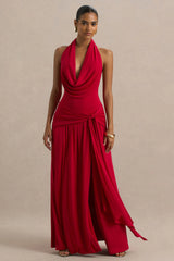 Mist | Red Plunge-Neck Maxi Dress With Knot-Detail And Open-Back