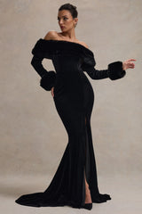 Mystique | Black Bardot Split Maxi Dress With Fur Trims