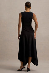 Francesca | Black Knotted Midi Dress With Handkerchief Hem