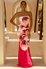 Ceremony | Large Pink Floral Print Bandeau Fishtail Maxi Dress