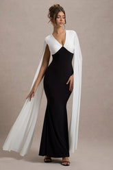 Grace Kelly | Black & White Plunge-Neck Maxi Dress With Cape Sleeves
