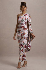 Clementina | Cream Floral Print Asymmetric Cape Sleeve Maxi Dress