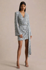 Carmina | Silver Sequin Plunge-Neck Wrap Mini Dress With Sash Detail