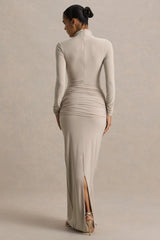 Myra | Champagne High-Neck Maxi Dress With Sash and Ruched Detailing