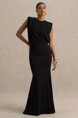 Meave | Black Boat-Neck Maxi Dress With Draped Detail