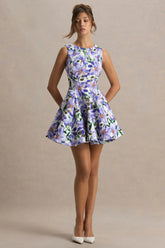 Gabrielle | Purple Lily Print Boat-Neck Skater Mini Dress