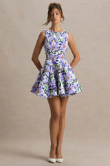 Gabrielle | Purple Lily Print Boat-Neck Skater Mini Dress