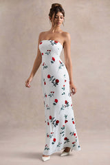 Azra | Rose Print Satin Bandeau Maxi Dress