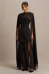 Chessa | Black Boat-Neck Maxi Dress With Sheer Cape