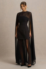 Chessa | Black Boat-Neck Maxi Dress With Sheer Cape