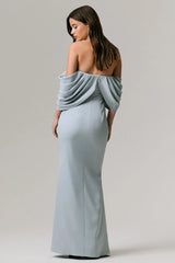 Serene | Powder Blue Draped Bardot Maxi Dress
