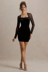 Off-Piste | Black Velvet Bodycon Mini Dress With Sheer Sleeves
