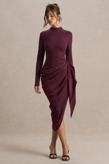 Raffie | Plum Long-Sleeve Midi Dress With Satin Wrap Skirt
