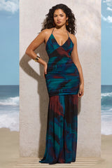 Clio | Blue Print Halter-Neck Chiffon Maxi Dress