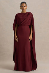 Pristina | Burgundy Boat-Neck Woven Maxi Dress With Cape Detail