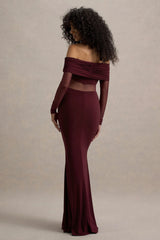 Ismeralda | Burgundy Mesh Ruched Bardot Maxi Dress
