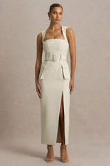 Sandra | Nude Square-Neck Tailored Maxi Dress With Front-High Split