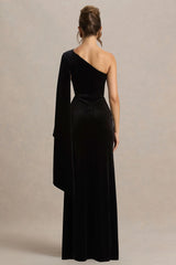 Camilla | Black Velvet Asymmetric-Neck Maxi Dress With Ruched Detailing