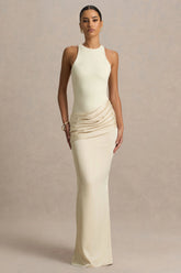 Akari | Champagne Crew-Neck Maxi Dress With Satin Skirt